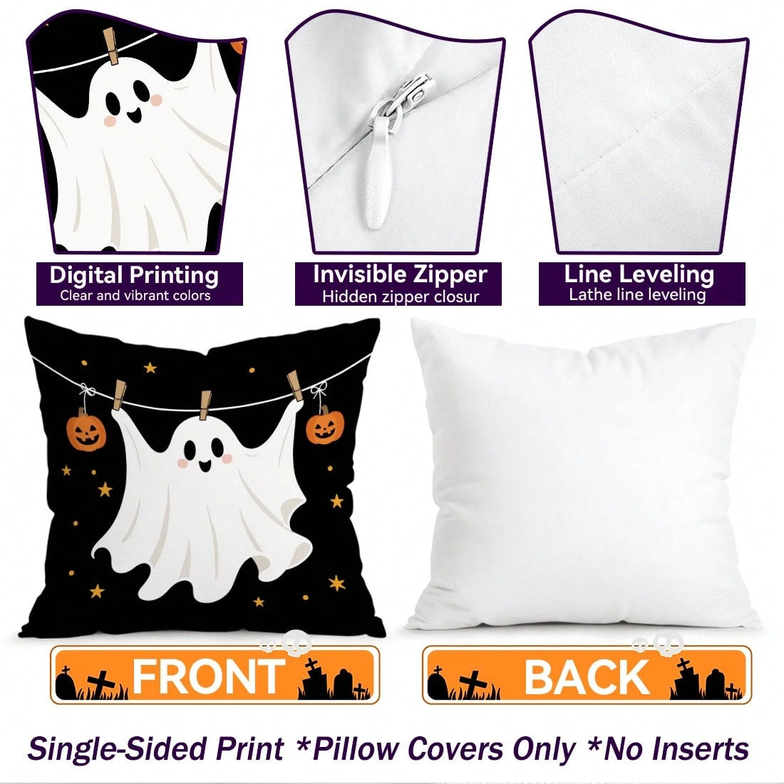 4pcs Halloween Ghost Pattern Pillow Covers Without Inserts, Single-Sided Printed Pillow Covers, Suitable For Living Room Bedroom Home Decor, All-Season Pillow Covers