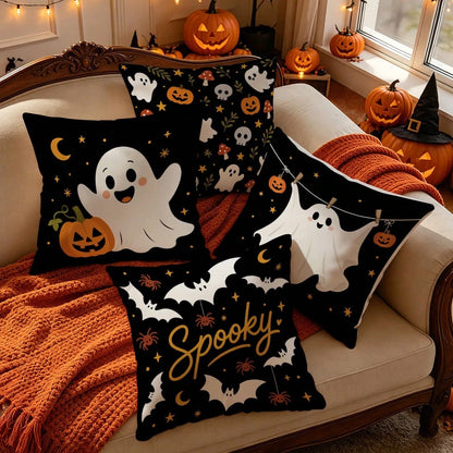 4pcs Halloween Ghost Pattern Pillow Covers Without Inserts, Single-Sided Printed Pillow Covers, Suitable For Living Room Bedroom Home Decor, All-Season Pillow Covers