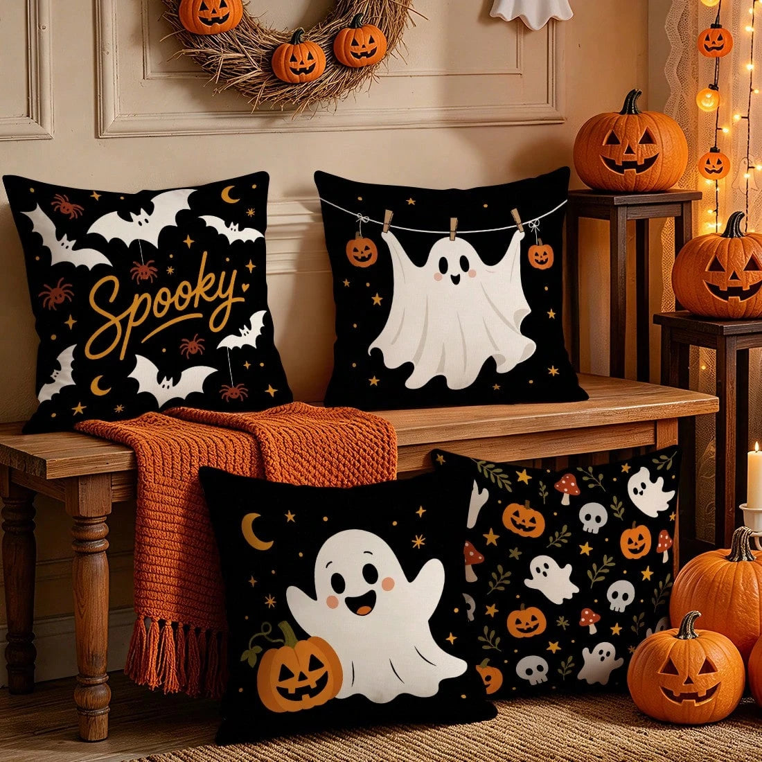 4pcs Halloween Ghost Pattern Pillow Covers Without Inserts, Single-Sided Printed Pillow Covers, Suitable For Living Room Bedroom Home Decor, All-Season Pillow Covers