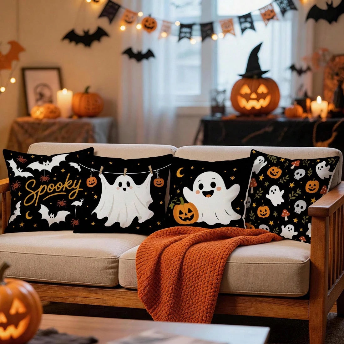 4pcs Halloween Ghost Pattern Pillow Covers Without Inserts, Single-Sided Printed Pillow Covers, Suitable For Living Room Bedroom Home Decor, All-Season Pillow Covers