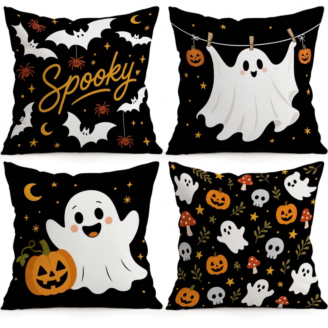4pcs Halloween Ghost Pattern Pillow Covers Without Inserts, Single-Sided Printed Pillow Covers, Suitable For Living Room Bedroom Home Decor, All-Season Pillow Covers