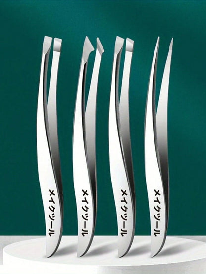 4pcs Japanese Style Stainless Steel Precision Tweezers Set, Odorless, Suitable For Eyebrow, Eyelash And Ingrown Hair Removal