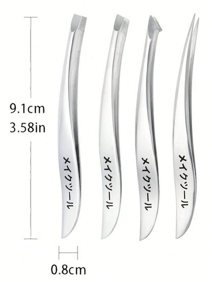 4pcs Japanese Style Stainless Steel Precision Tweezers Set, Odorless, Suitable For Eyebrow, Eyelash And Ingrown Hair Removal