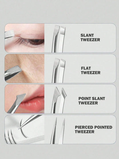 4pcs Japanese Style Stainless Steel Precision Tweezers Set, Odorless, Suitable For Eyebrow, Eyelash And Ingrown Hair Removal