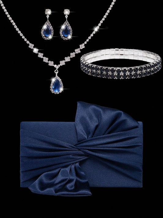 4pcs Luxury Rhinestone Jewelry Set: Sparkling Pendant Necklace, Earrings, Bracelet, Paired With Fashionable Satin Butterfly Clutch Bag, Ideal For Formal Occasions Like Galas, Weddings, Birthdays