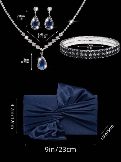 4pcs Luxury Rhinestone Jewelry Set: Sparkling Pendant Necklace, Earrings, Bracelet, Paired With Fashionable Satin Butterfly Clutch Bag, Ideal For Formal Occasions Like Galas, Weddings, Birthdays