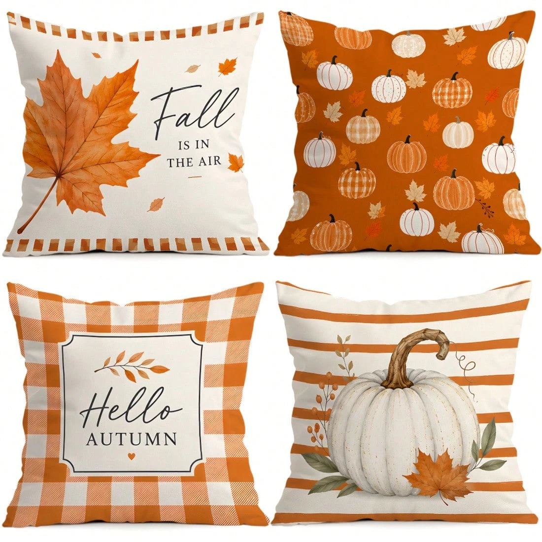 4pcs Orange Plaid Stripe Autumn Text Pumpkin Pattern Pillow Covers, Single-Sided Print Cushion Covers, Suitable For Living Room, Bedroom, Home Decor, All-Season Use