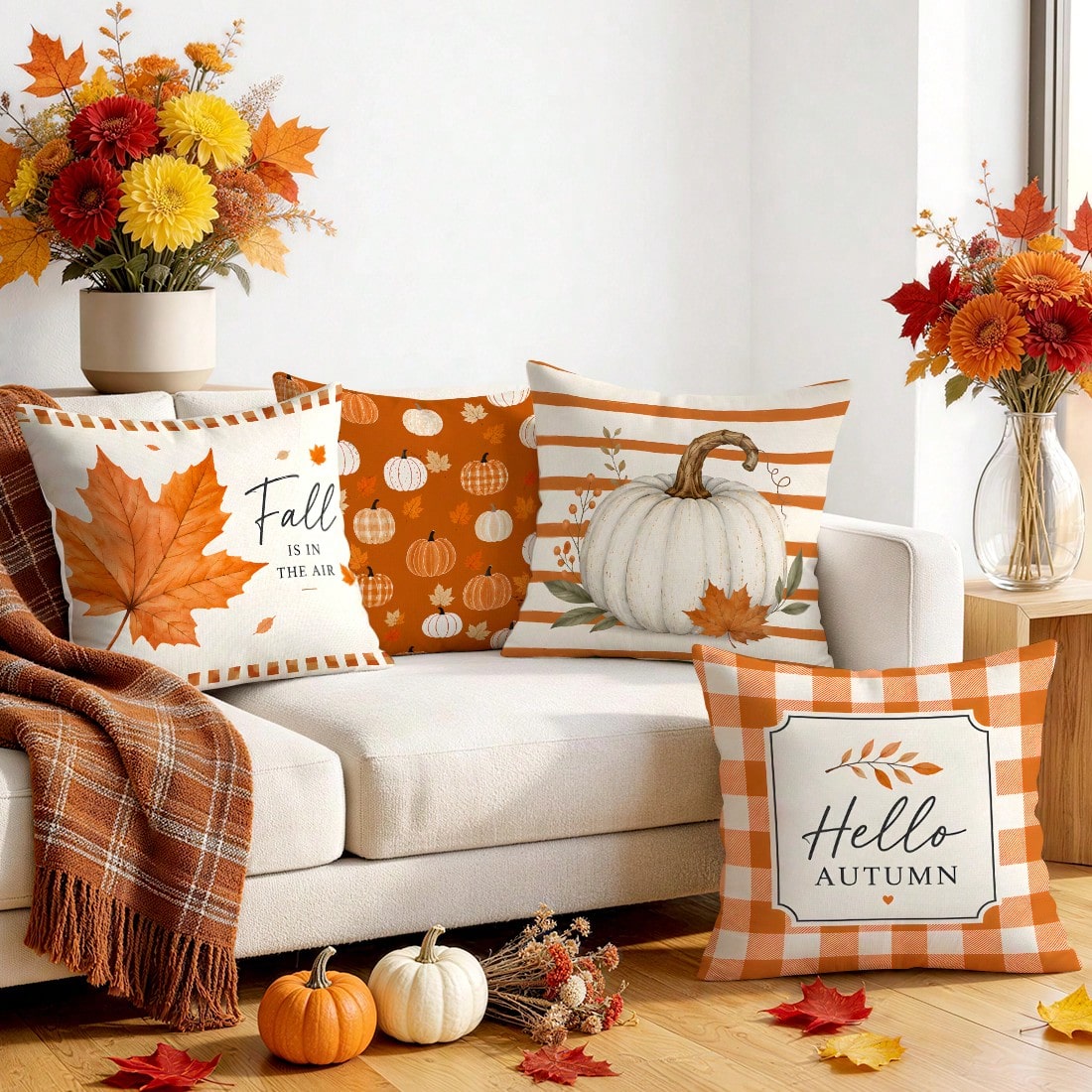 4pcs Orange Plaid Stripe Autumn Text Pumpkin Pattern Pillow Covers, Single-Sided Print Cushion Covers, Suitable For Living Room, Bedroom, Home Decor, All-Season Use