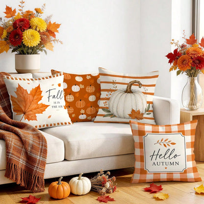 4pcs Orange Plaid Stripe Autumn Text Pumpkin Pattern Pillow Covers, Single-Sided Print Cushion Covers, Suitable For Living Room, Bedroom, Home Decor, All-Season Use
