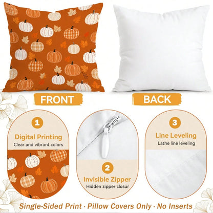 4pcs Orange Plaid Stripe Autumn Text Pumpkin Pattern Pillow Covers, Single-Sided Print Cushion Covers, Suitable For Living Room, Bedroom, Home Decor, All-Season Use