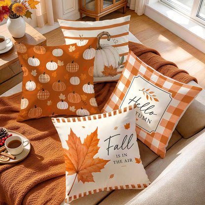 4pcs Orange Plaid Stripe Autumn Text Pumpkin Pattern Pillow Covers, Single-Sided Print Cushion Covers, Suitable For Living Room, Bedroom, Home Decor, All-Season Use