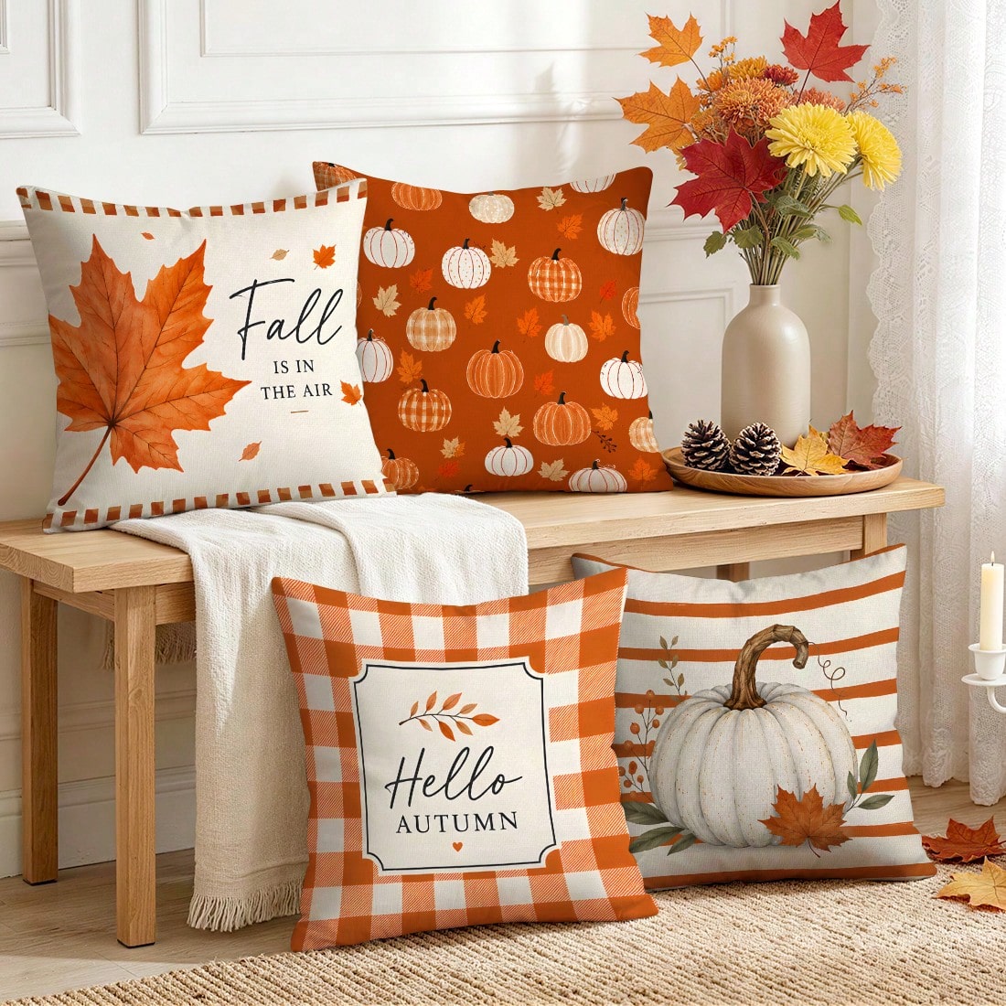 4pcs Orange Plaid Stripe Autumn Text Pumpkin Pattern Pillow Covers, Single-Sided Print Cushion Covers, Suitable For Living Room, Bedroom, Home Decor, All-Season Use