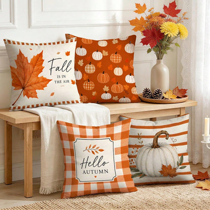 4pcs Orange Plaid Stripe Autumn Text Pumpkin Pattern Pillow Covers, Single-Sided Print Cushion Covers, Suitable For Living Room, Bedroom, Home Decor, All-Season Use