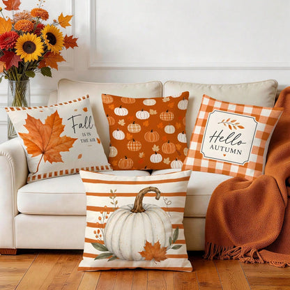 4pcs Orange Plaid Stripe Autumn Text Pumpkin Pattern Pillow Covers, Single-Sided Print Cushion Covers, Suitable For Living Room, Bedroom, Home Decor, All-Season Use