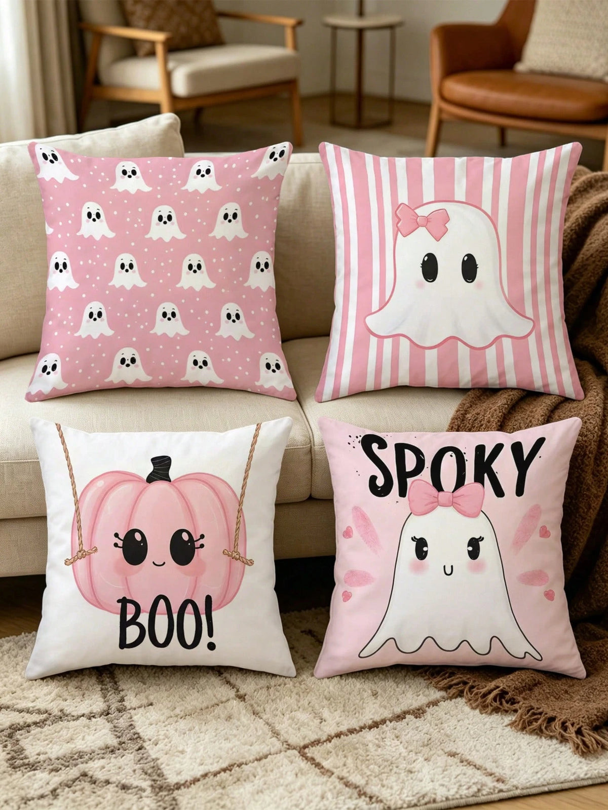 4pcs Pink Halloween Cute Ghost Pillow Covers, Bow Ghost, BOO Lettering, Cute Pumpkin Striped Square Cushion Covers, Suitable For Bedroom, Living Room, Holiday Party Atmosphere, Home Decor