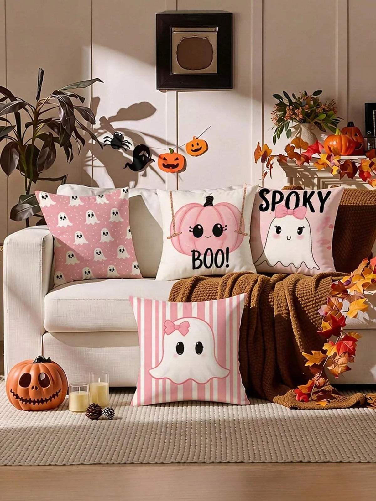 4pcs Pink Halloween Cute Ghost Pillow Covers, Bow Ghost, BOO Lettering, Cute Pumpkin Striped Square Cushion Covers, Suitable For Bedroom, Living Room, Holiday Party Atmosphere, Home Decor