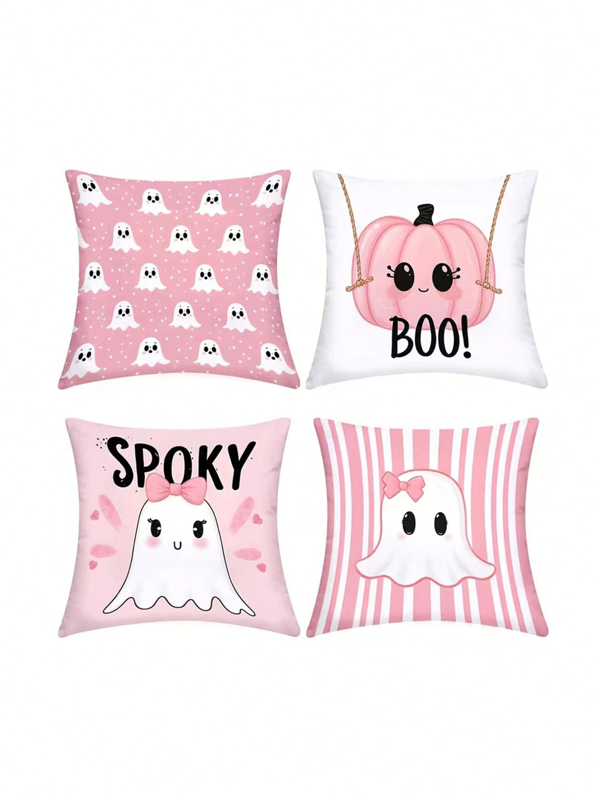 4pcs Pink Halloween Cute Ghost Pillow Covers, Bow Ghost, BOO Lettering, Cute Pumpkin Striped Square Cushion Covers, Suitable For Bedroom, Living Room, Holiday Party Atmosphere, Home Decor