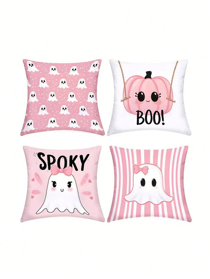 4pcs Pink Halloween Cute Ghost Pillow Covers, Bow Ghost, BOO Lettering, Cute Pumpkin Striped Square Cushion Covers, Suitable For Bedroom, Living Room, Holiday Party Atmosphere, Home Decor