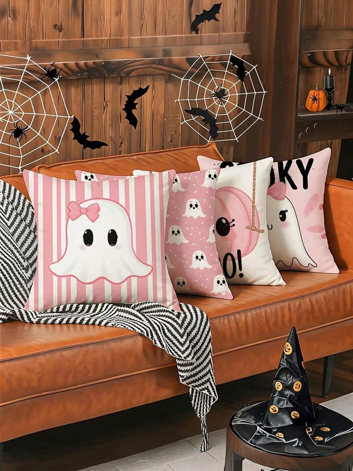 4pcs Pink Halloween Cute Ghost Pillow Covers, Bow Ghost, BOO Lettering, Cute Pumpkin Striped Square Cushion Covers, Suitable For Bedroom, Living Room, Holiday Party Atmosphere, Home Decor