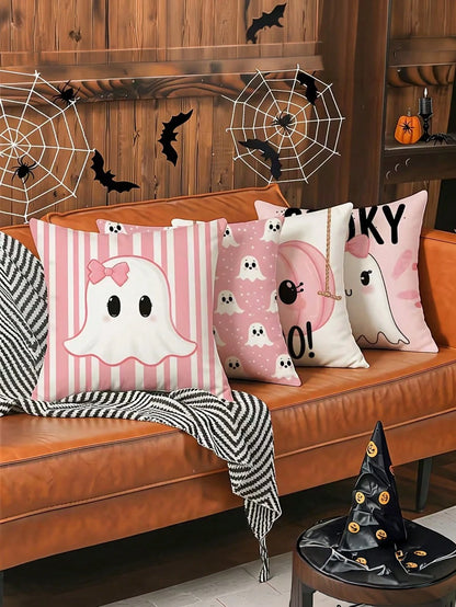 4pcs Pink Halloween Cute Ghost Pillow Covers, Bow Ghost, BOO Lettering, Cute Pumpkin Striped Square Cushion Covers, Suitable For Bedroom, Living Room, Holiday Party Atmosphere, Home Decor
