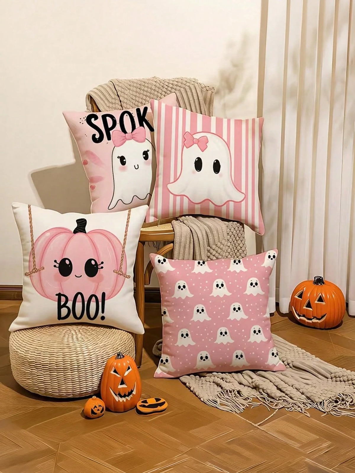 4pcs Pink Halloween Cute Ghost Pillow Covers, Bow Ghost, BOO Lettering, Cute Pumpkin Striped Square Cushion Covers, Suitable For Bedroom, Living Room, Holiday Party Atmosphere, Home Decor