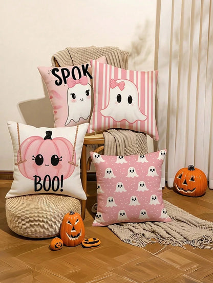 4pcs Pink Halloween Cute Ghost Pillow Covers, Bow Ghost, BOO Lettering, Cute Pumpkin Striped Square Cushion Covers, Suitable For Bedroom, Living Room, Holiday Party Atmosphere, Home Decor