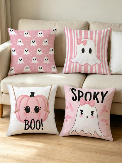 4pcs Pink Halloween Cute Ghost Pillow Covers, Bow Ghost, BOO Lettering, Cute Pumpkin Striped Square Cushion Covers, Suitable For Bedroom, Living Room, Holiday Party Atmosphere, Home Decor