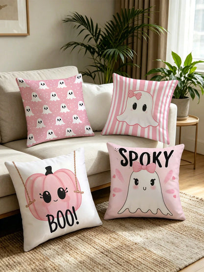 4pcs Pink Halloween Cute Ghost Pillow Covers, Bow Ghost, BOO Lettering, Cute Pumpkin Striped Square Cushion Covers, Suitable For Bedroom, Living Room, Holiday Party Atmosphere, Home Decor