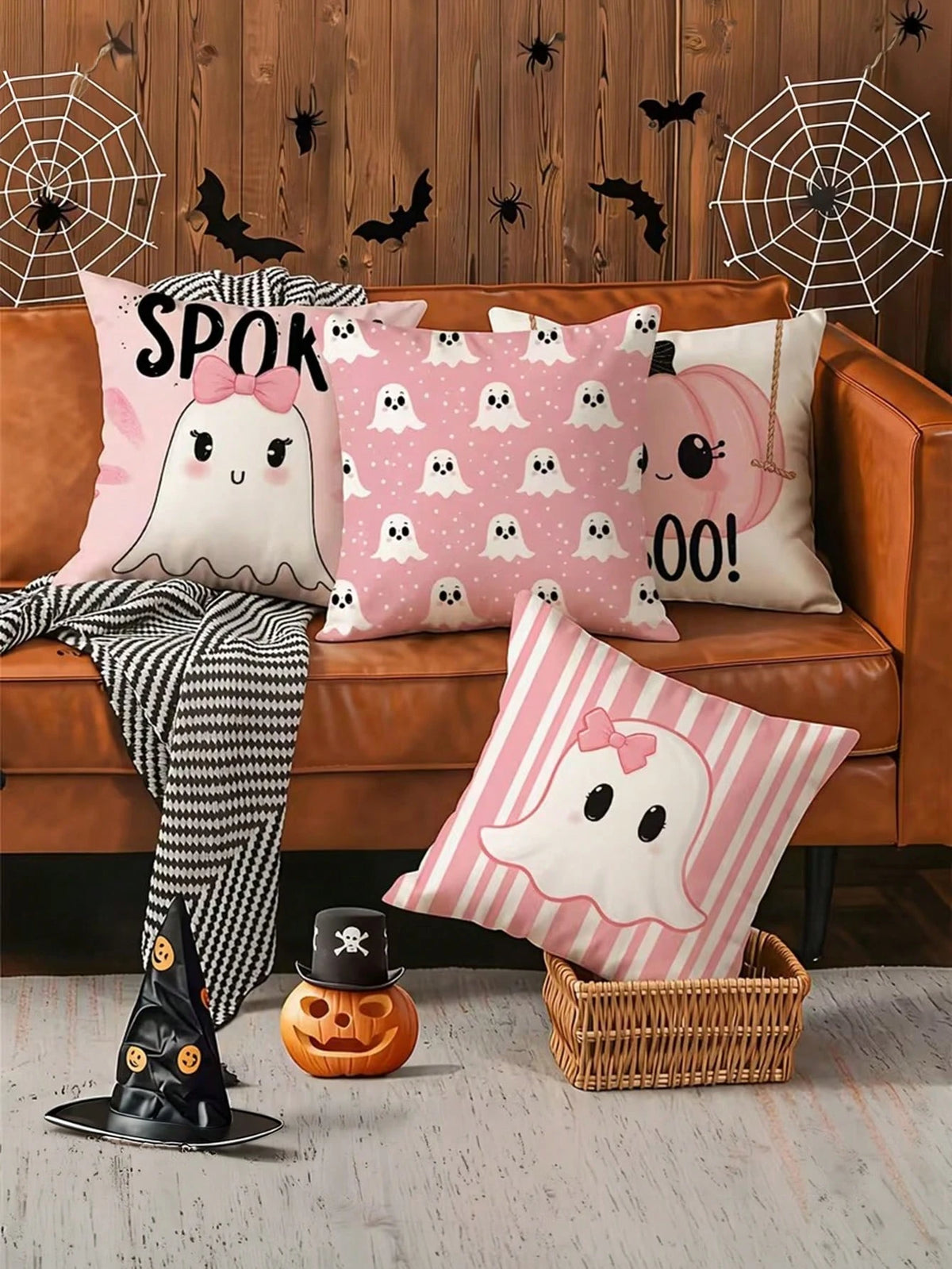 4pcs Pink Halloween Cute Ghost Pillow Covers, Bow Ghost, BOO Lettering, Cute Pumpkin Striped Square Cushion Covers, Suitable For Bedroom, Living Room, Holiday Party Atmosphere, Home Decor