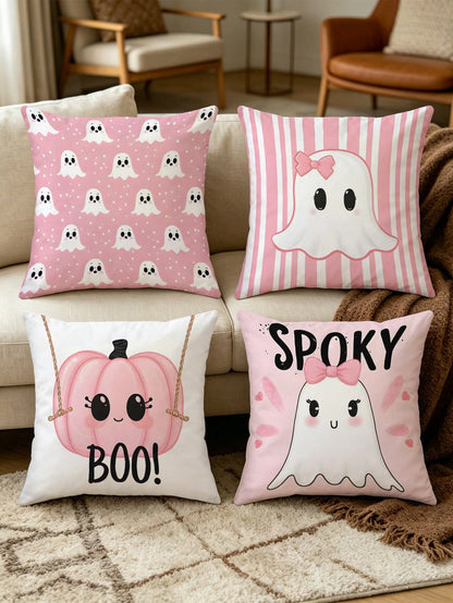 4pcs Pink Halloween Cute Ghost Pillow Covers, Bow Ghost, BOO Lettering, Cute Pumpkin Striped Square Cushion Covers, Suitable For Bedroom, Living Room, Holiday Party Atmosphere, Home Decor