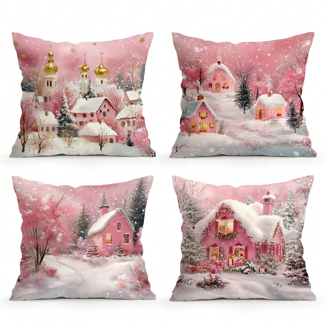 4pcs Pink Winter Christmas Town Pillow Covers, Snow Scene Pink Cottage Church Snowflake Christmas Wooden House Gift Pine Tree Print Decorative Pattern Without Insert Cushion Covers, Single-Sided Print