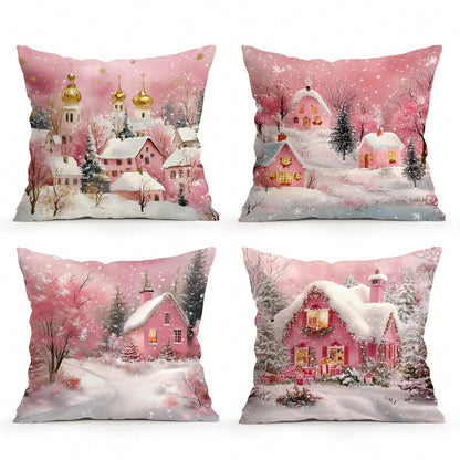 4pcs Pink Winter Christmas Town Pillow Covers, Snow Scene Pink Cottage Church Snowflake Christmas Wooden House Gift Pine Tree Print Decorative Pattern Without Insert Cushion Covers, Single-Sided Print