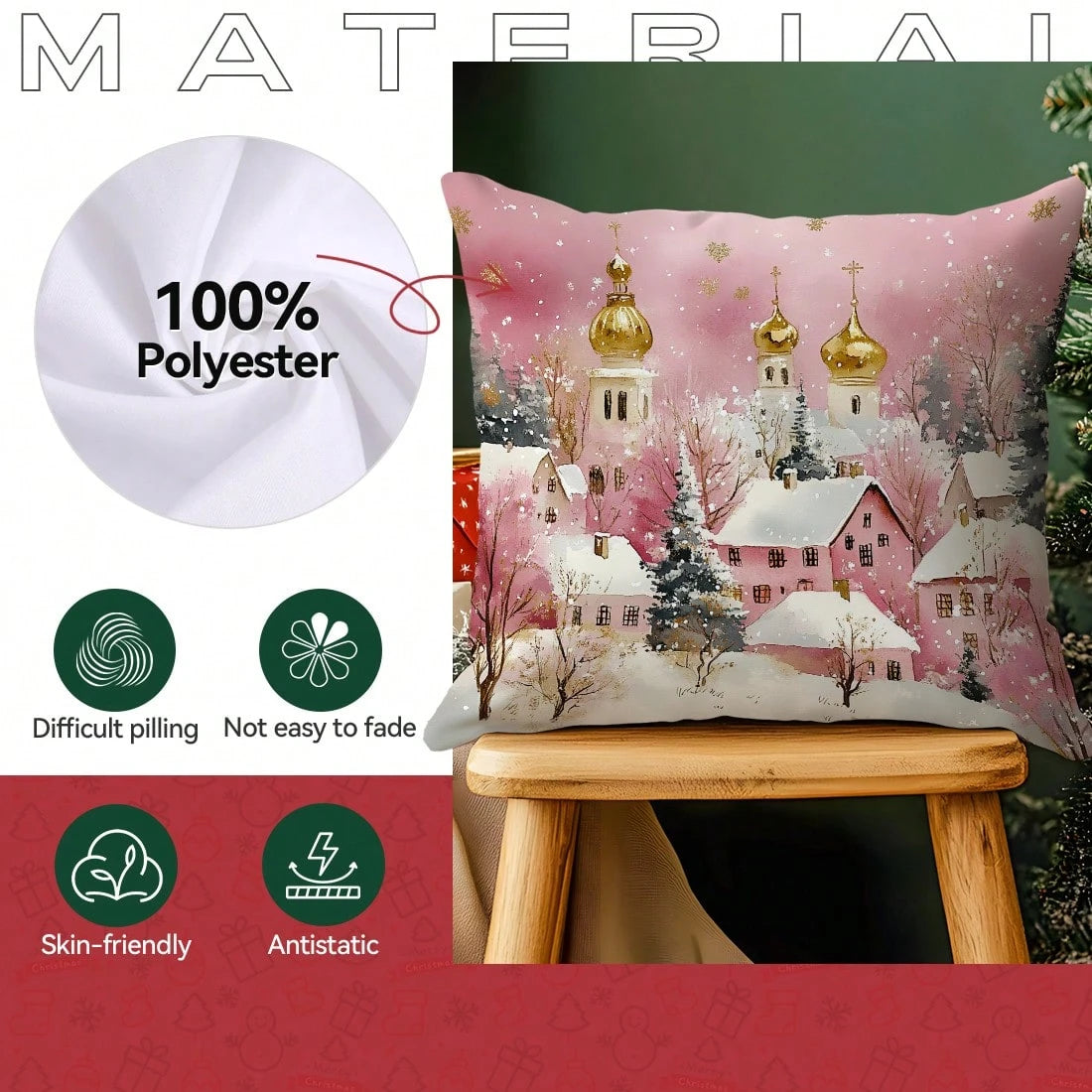 4pcs Pink Winter Christmas Town Pillow Covers, Snow Scene Pink Cottage Church Snowflake Christmas Wooden House Gift Pine Tree Print Decorative Pattern Without Insert Cushion Covers, Single-Sided Print