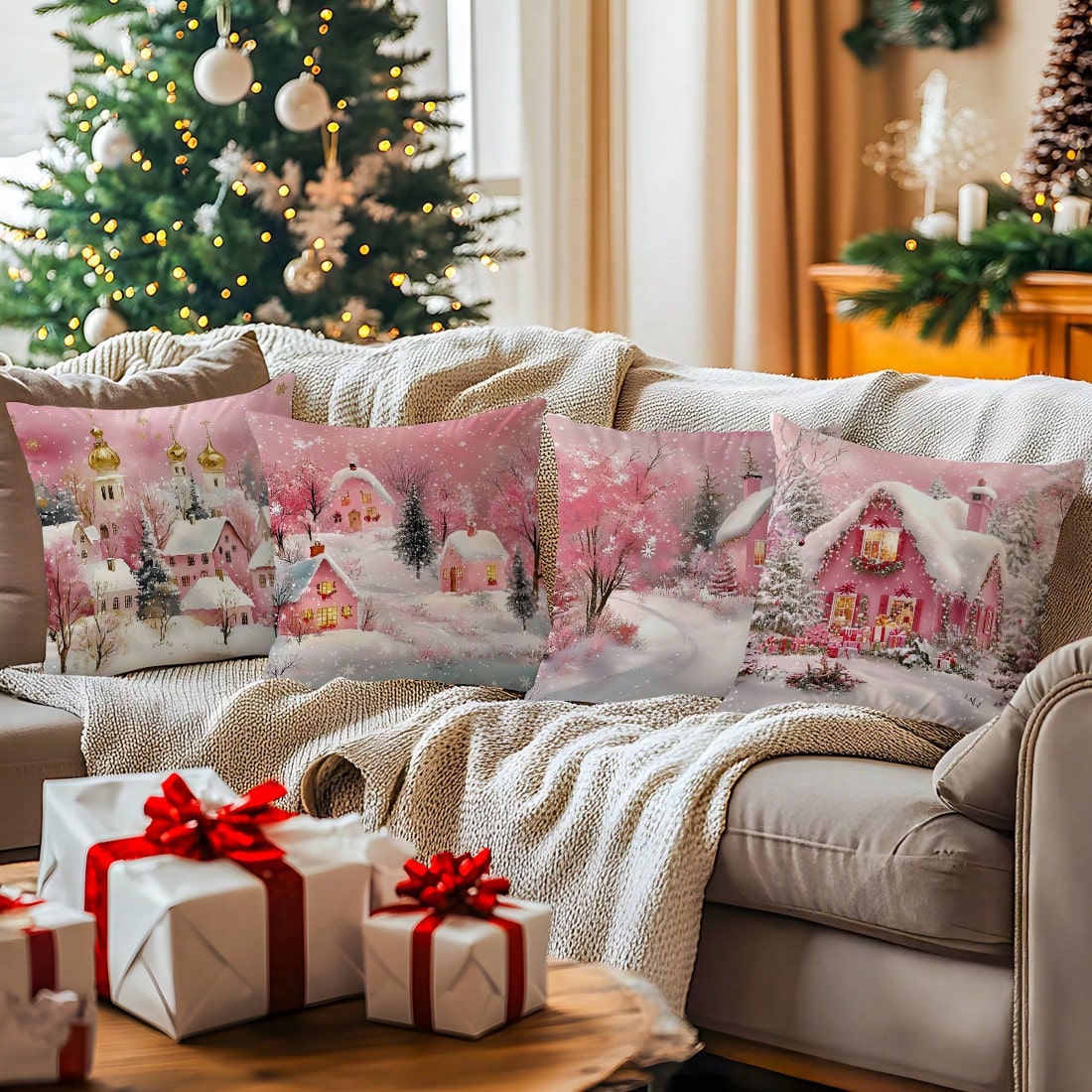4pcs Pink Winter Christmas Town Pillow Covers, Snow Scene Pink Cottage Church Snowflake Christmas Wooden House Gift Pine Tree Print Decorative Pattern Without Insert Cushion Covers, Single-Sided Print