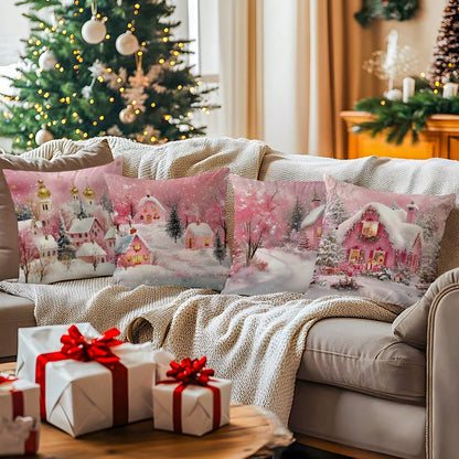 4pcs Pink Winter Christmas Town Pillow Covers, Snow Scene Pink Cottage Church Snowflake Christmas Wooden House Gift Pine Tree Print Decorative Pattern Without Insert Cushion Covers, Single-Sided Print