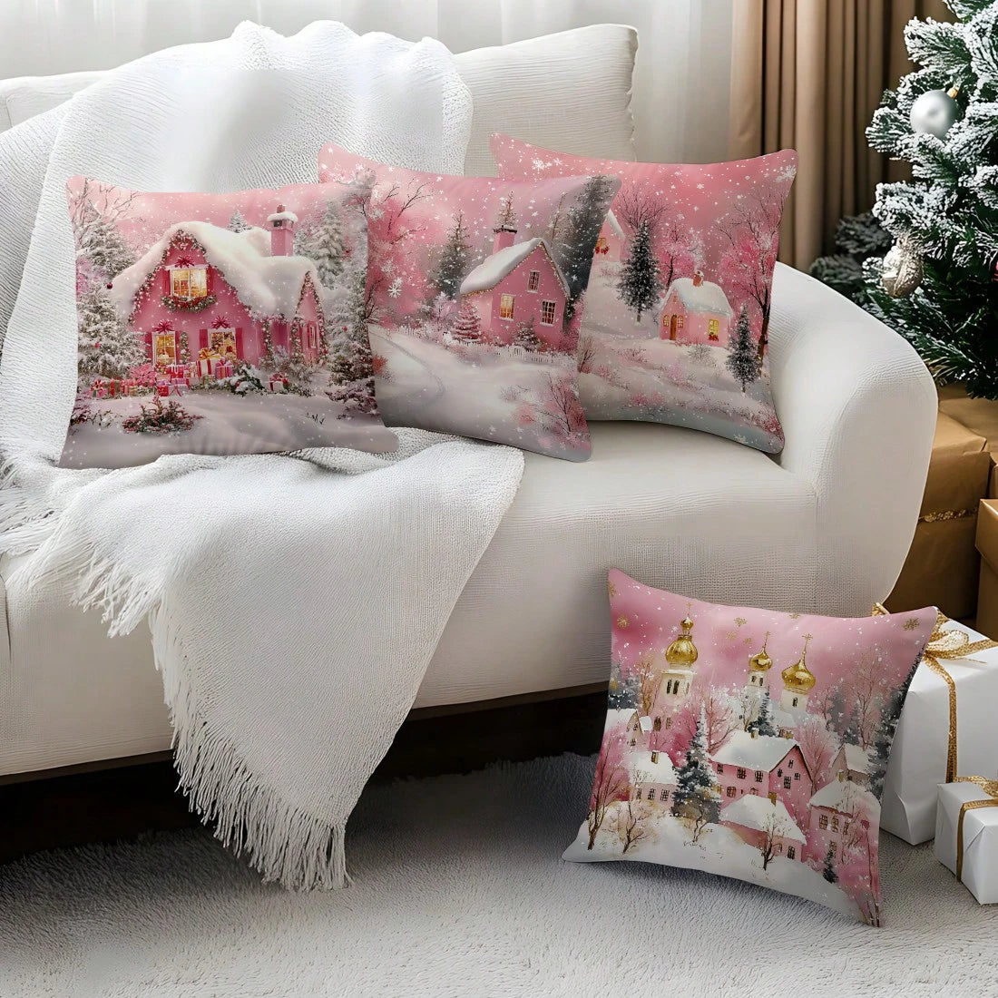 4pcs Pink Winter Christmas Town Pillow Covers, Snow Scene Pink Cottage Church Snowflake Christmas Wooden House Gift Pine Tree Print Decorative Pattern Without Insert Cushion Covers, Single-Sided Print