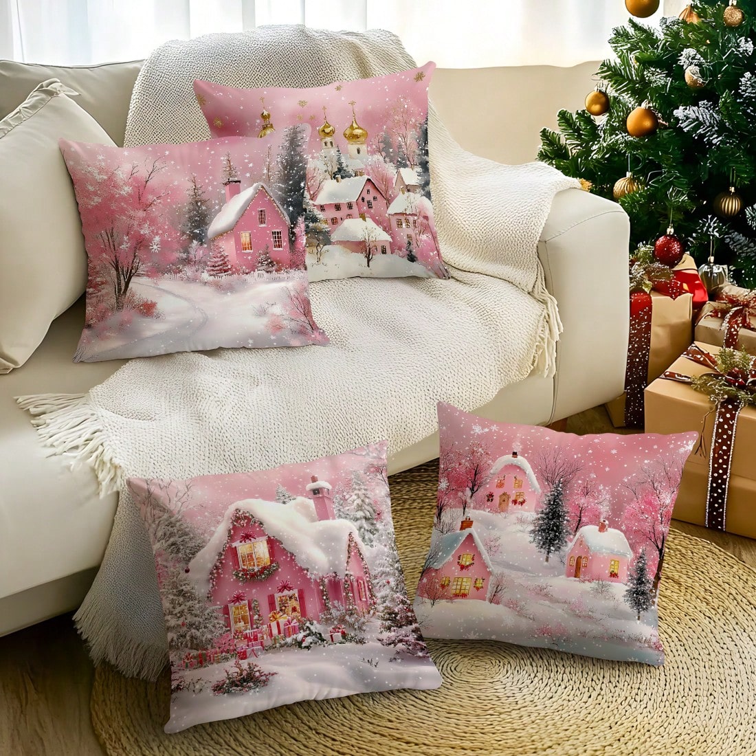 4pcs Pink Winter Christmas Town Pillow Covers, Snow Scene Pink Cottage Church Snowflake Christmas Wooden House Gift Pine Tree Print Decorative Pattern Without Insert Cushion Covers, Single-Sided Print