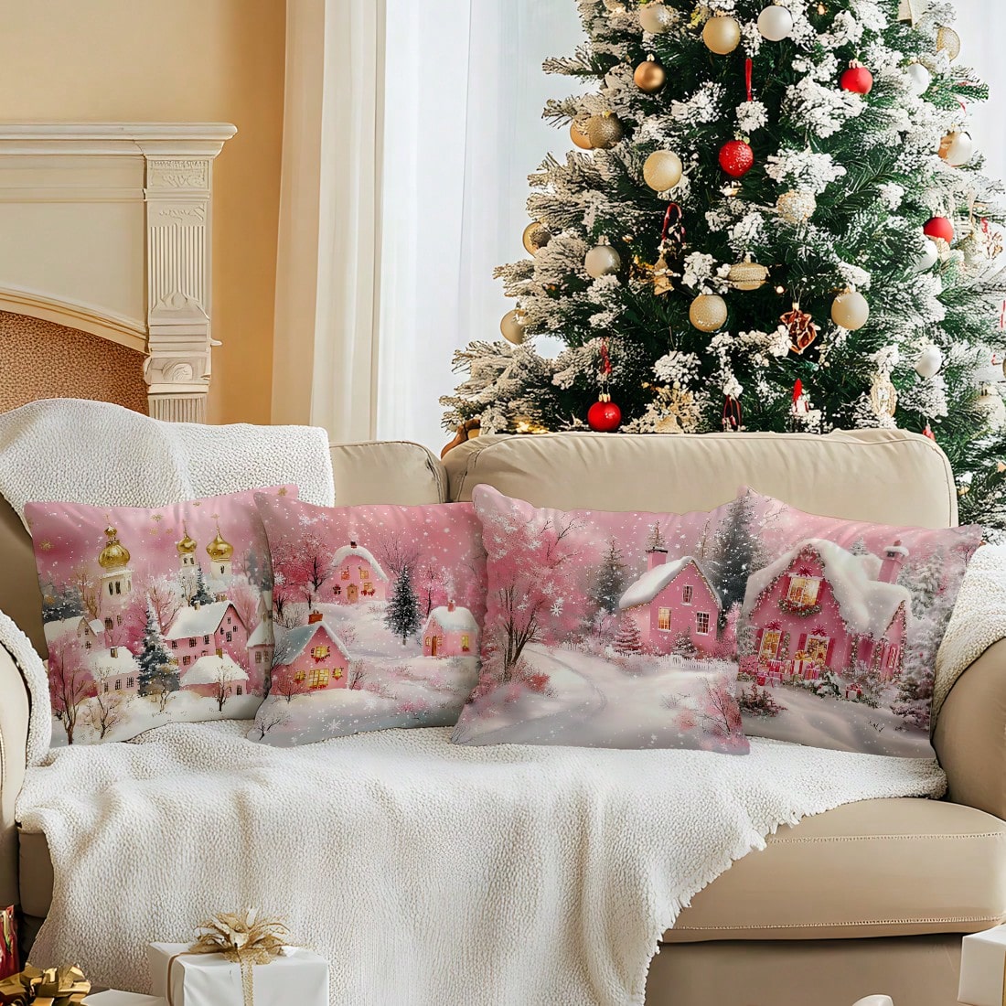 4pcs Pink Winter Christmas Town Pillow Covers, Snow Scene Pink Cottage Church Snowflake Christmas Wooden House Gift Pine Tree Print Decorative Pattern Without Insert Cushion Covers, Single-Sided Print