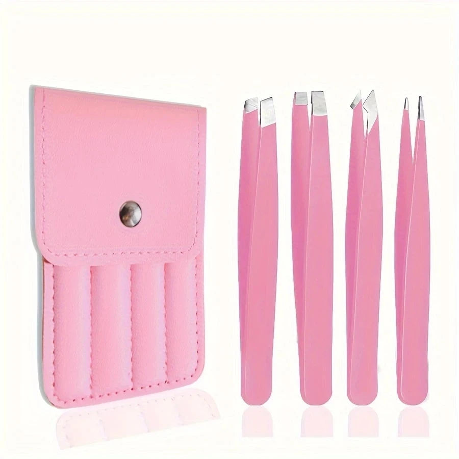 4pcs/Set, 4 Eyebrow Tweezers With Pink Leather Case, Beauty Tools For Eyebrows, Eyelashes, Facial Hair, Also Can Be Used For Nail Stickers, Portable Tweezer Set, Convenient For Storage And Suitable Fo