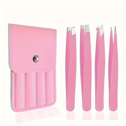 4pcs/Set, 4 Eyebrow Tweezers With Pink Leather Case, Beauty Tools For Eyebrows, Eyelashes, Facial Hair, Also Can Be Used For Nail Stickers, Portable Tweezer Set, Convenient For Storage And Suitable Fo
