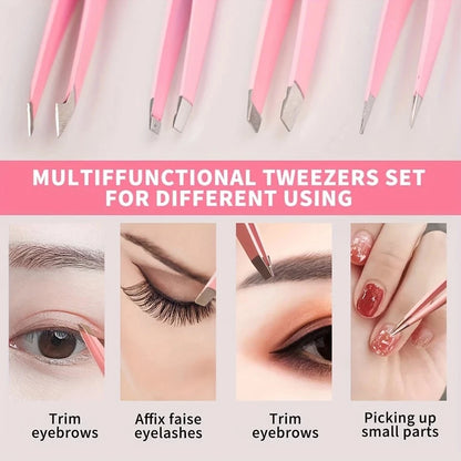 4pcs/Set, 4 Eyebrow Tweezers With Pink Leather Case, Beauty Tools For Eyebrows, Eyelashes, Facial Hair, Also Can Be Used For Nail Stickers, Portable Tweezer Set, Convenient For Storage And Suitable Fo