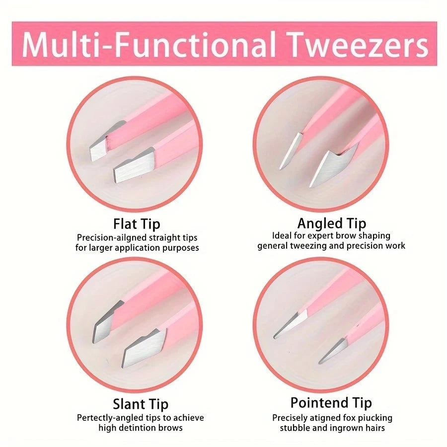 4pcs/Set, 4 Eyebrow Tweezers With Pink Leather Case, Beauty Tools For Eyebrows, Eyelashes, Facial Hair, Also Can Be Used For Nail Stickers, Portable Tweezer Set, Convenient For Storage And Suitable Fo