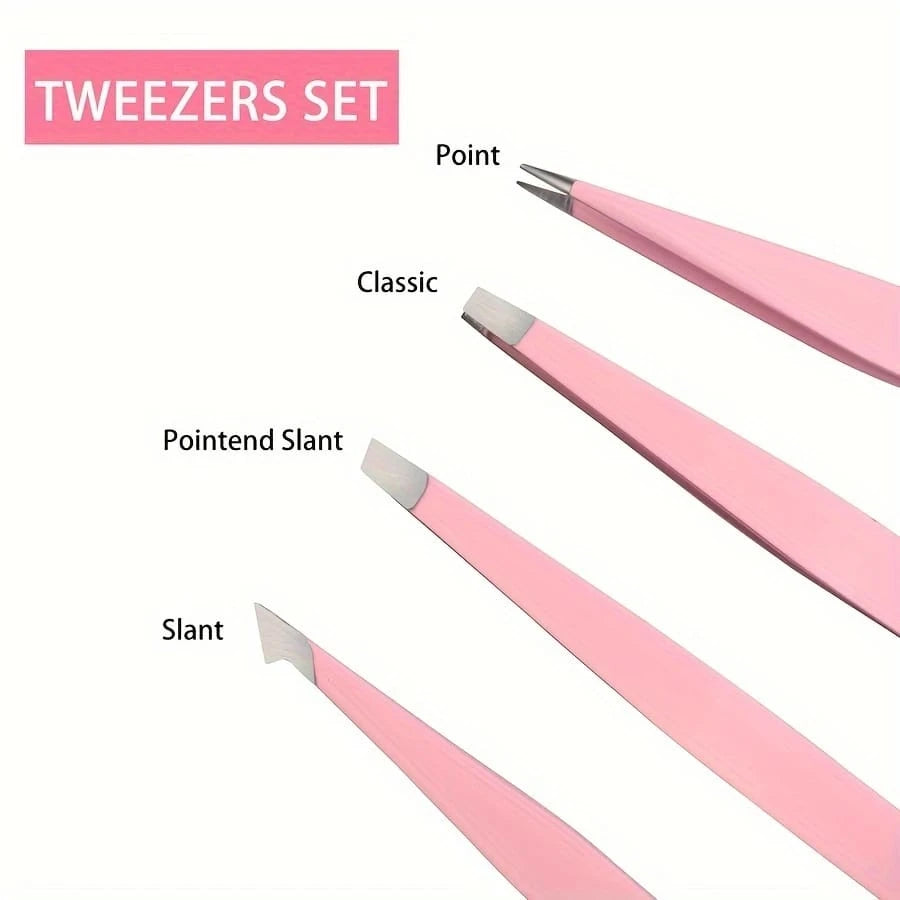 4pcs/Set, 4 Eyebrow Tweezers With Pink Leather Case, Beauty Tools For Eyebrows, Eyelashes, Facial Hair, Also Can Be Used For Nail Stickers, Portable Tweezer Set, Convenient For Storage And Suitable Fo