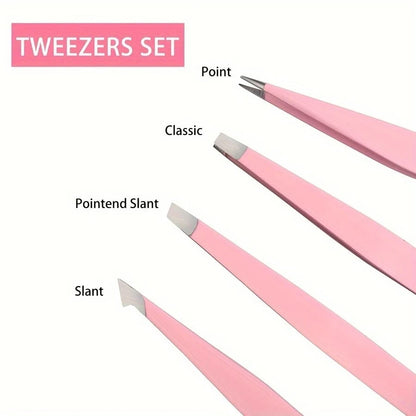 4pcs/Set, 4 Eyebrow Tweezers With Pink Leather Case, Beauty Tools For Eyebrows, Eyelashes, Facial Hair, Also Can Be Used For Nail Stickers, Portable Tweezer Set, Convenient For Storage And Suitable Fo