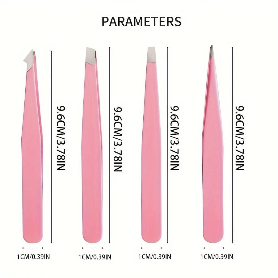 4pcs/Set, 4 Eyebrow Tweezers With Pink Leather Case, Beauty Tools For Eyebrows, Eyelashes, Facial Hair, Also Can Be Used For Nail Stickers, Portable Tweezer Set, Convenient For Storage And Suitable Fo