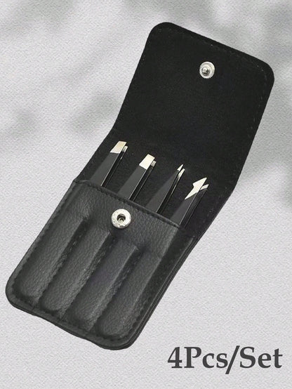 4pcs/Set, 4 Eyebrow Tweezers With Pink Leather Case, Beauty Tools For Eyebrows, Eyelashes, Facial Hair, Also Can Be Used For Nail Stickers, Portable Tweezer Set, Convenient For Storage And Suitable Fo