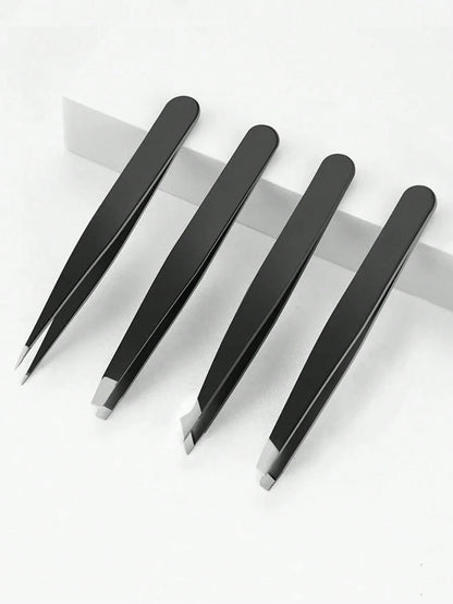 4pcs/Set, 4 Eyebrow Tweezers With Pink Leather Case, Beauty Tools For Eyebrows, Eyelashes, Facial Hair, Also Can Be Used For Nail Stickers, Portable Tweezer Set, Convenient For Storage And Suitable Fo