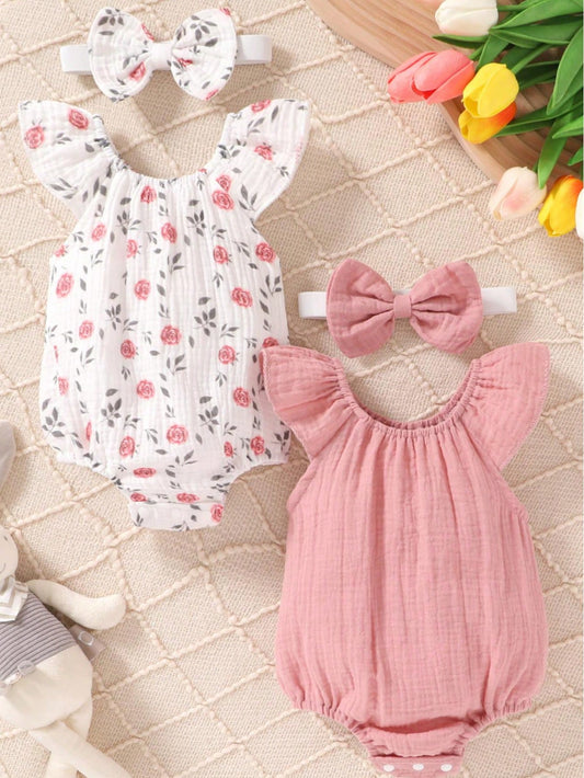4pcs/Set, Baby Girl, Casual Fashion Cute Elegant, Soft Comfortable, Floral Pattern Ruffle Cotton Bodysuit And Bowknot Decorated Headband Set, Baby Girl Clothing, Newborn Baby Girl Clothing, Baby Suppl