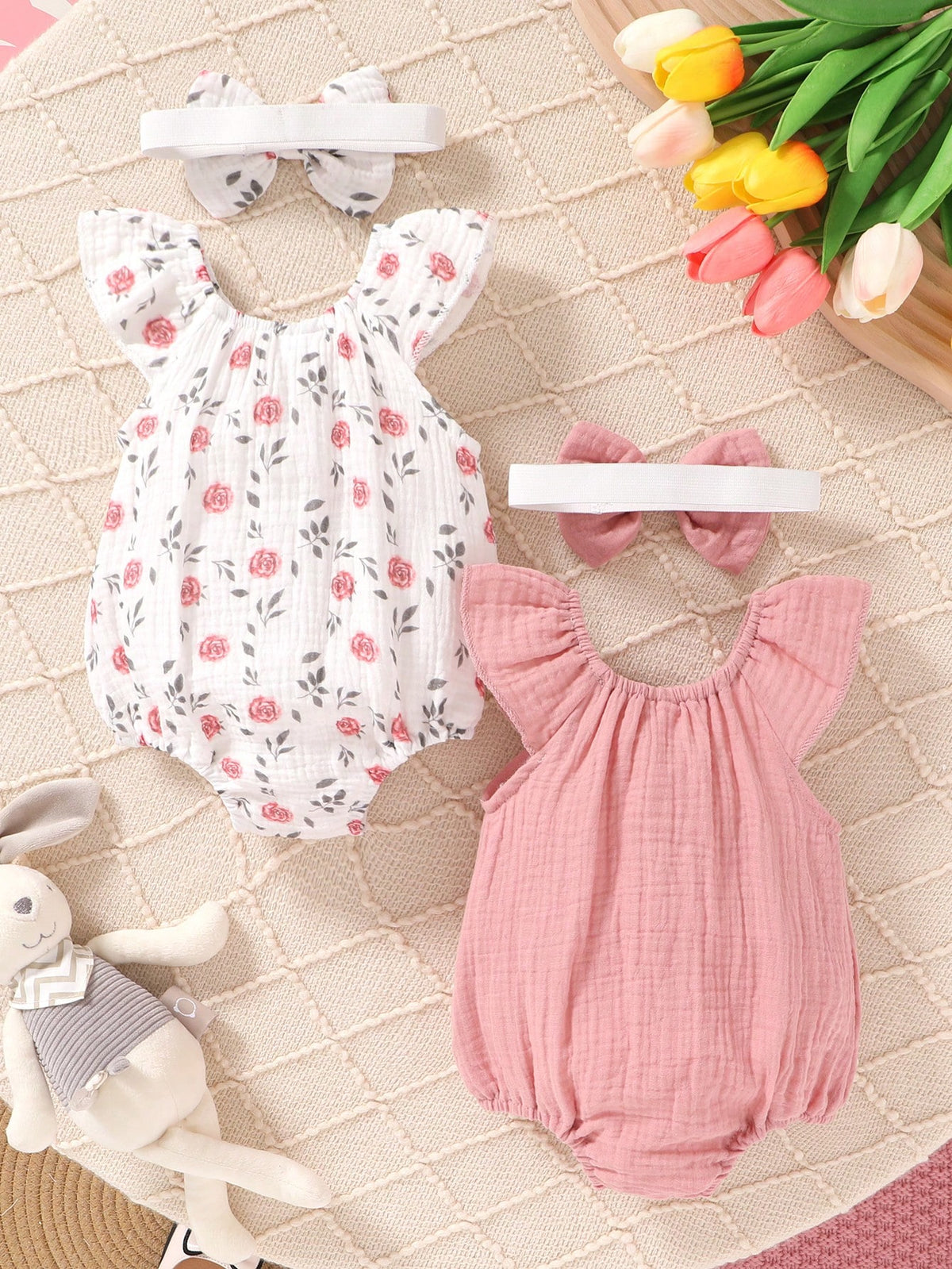 4pcs/Set, Baby Girl, Casual Fashion Cute Elegant, Soft Comfortable, Floral Pattern Ruffle Cotton Bodysuit And Bowknot Decorated Headband Set, Baby Girl Clothing, Newborn Baby Girl Clothing, Baby Suppl