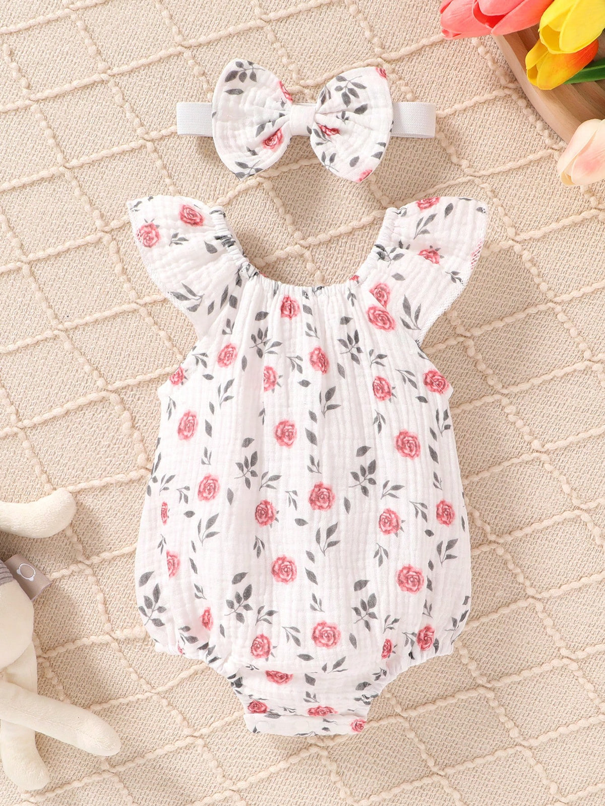 4pcs/Set, Baby Girl, Casual Fashion Cute Elegant, Soft Comfortable, Floral Pattern Ruffle Cotton Bodysuit And Bowknot Decorated Headband Set, Baby Girl Clothing, Newborn Baby Girl Clothing, Baby Suppl